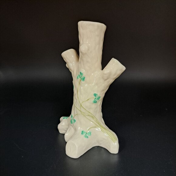 Belleek Irish Porcelain Shamrock Tree Stump Bud Vase Vintage Green Stamp - Picture 4 of 15